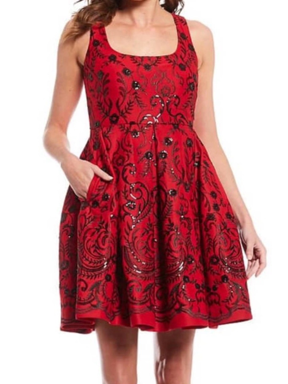 Taylor Red w/ Black Embroidery Sequin Dress Sz. 8 Fit & Flare